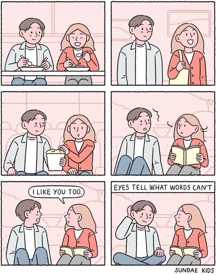 Cute comic by Sundae Kids showing love and modern anxiety through silent expressions between a couple.