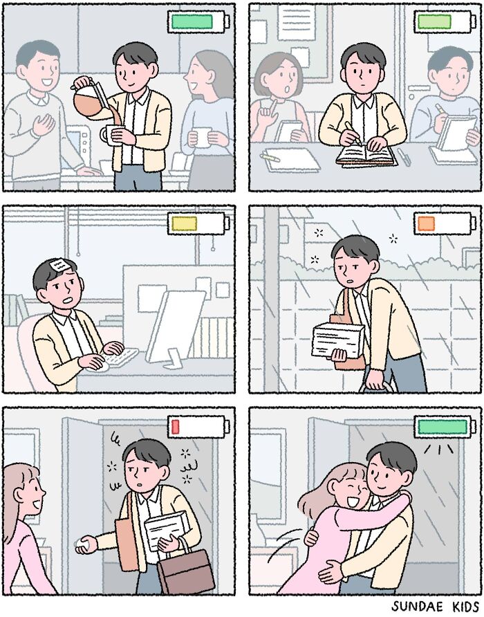 Comic strip depicting love and anxiety in a workday, showing battery levels changing from full to empty then recharged by a hug.