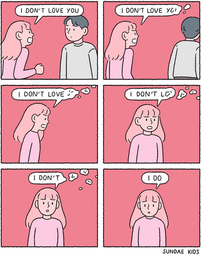 Woman realizing love while experiencing modern anxiety in Sundae Kids comic strip.