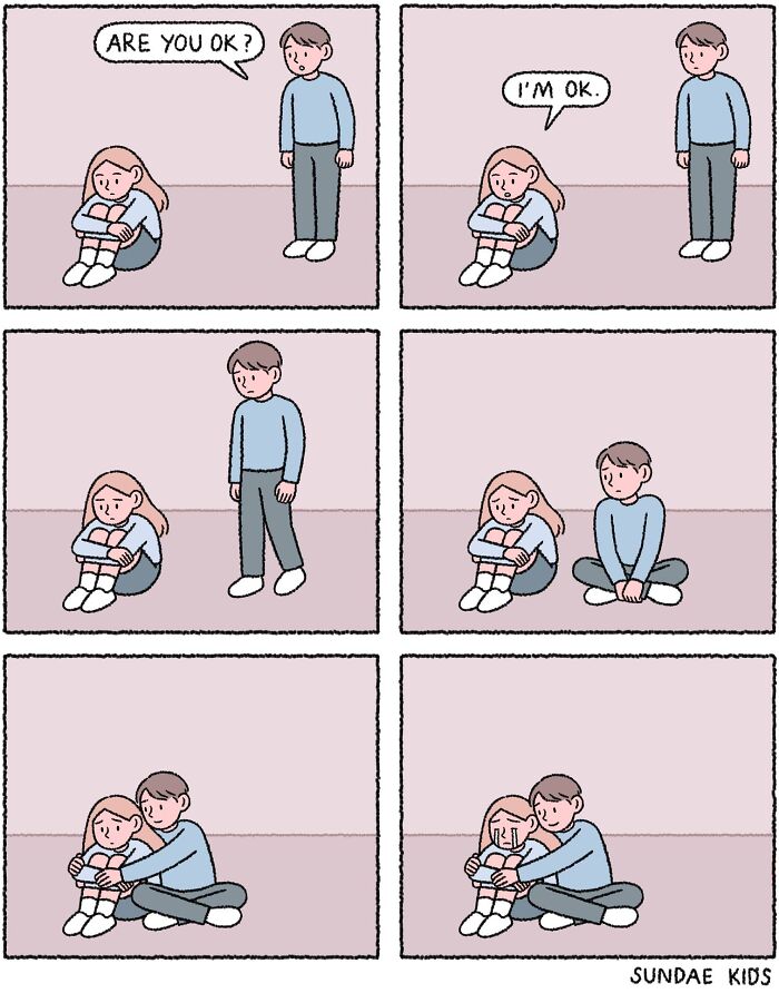 Cute Sundae Kids comic showing couple dealing with anxiety, offering comfort and support.