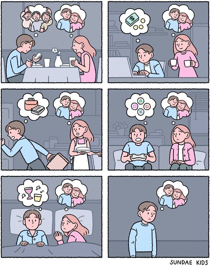 A couple at dinner imagining family, money, and drinks, illustrating modern anxiety in a Sundae Kids comic.