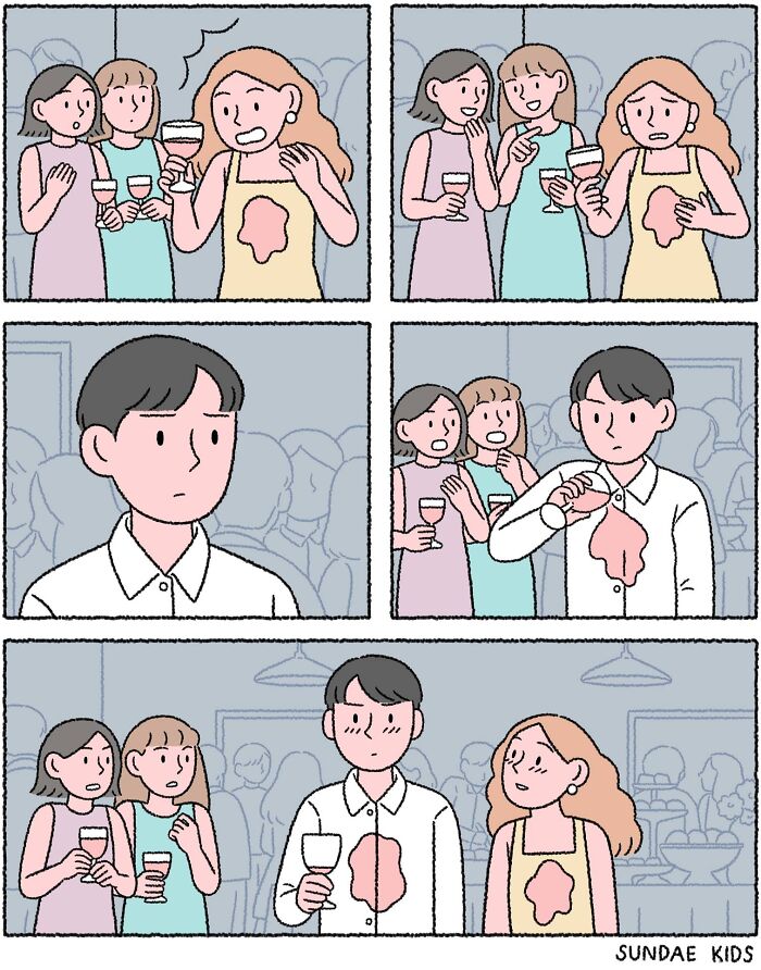 Cute comic by Sundae Kids showing a party scene with spilled drink mishap, highlighting love and modern anxiety.