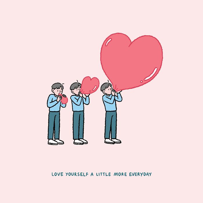 Three characters inflating red heart balloons, representing love and self-care in Sundae Kids comics.