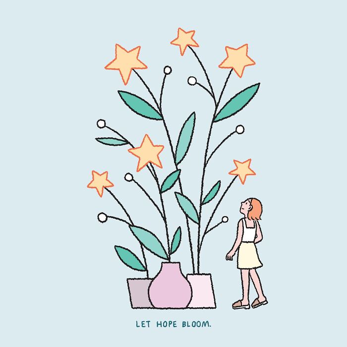 A girl admires a tall plant with star-shaped flowers in a cute comic about love and modern anxiety.