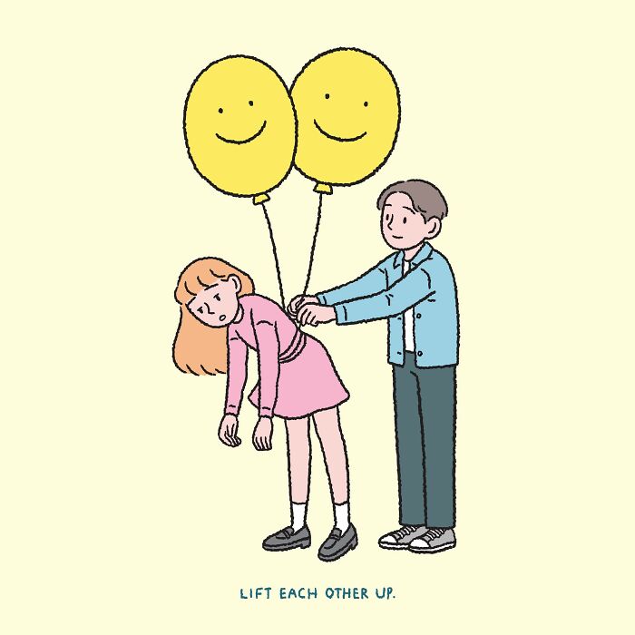 Cute comic of a boy supporting a girl with balloons, expressing modern love and anxiety themes.
