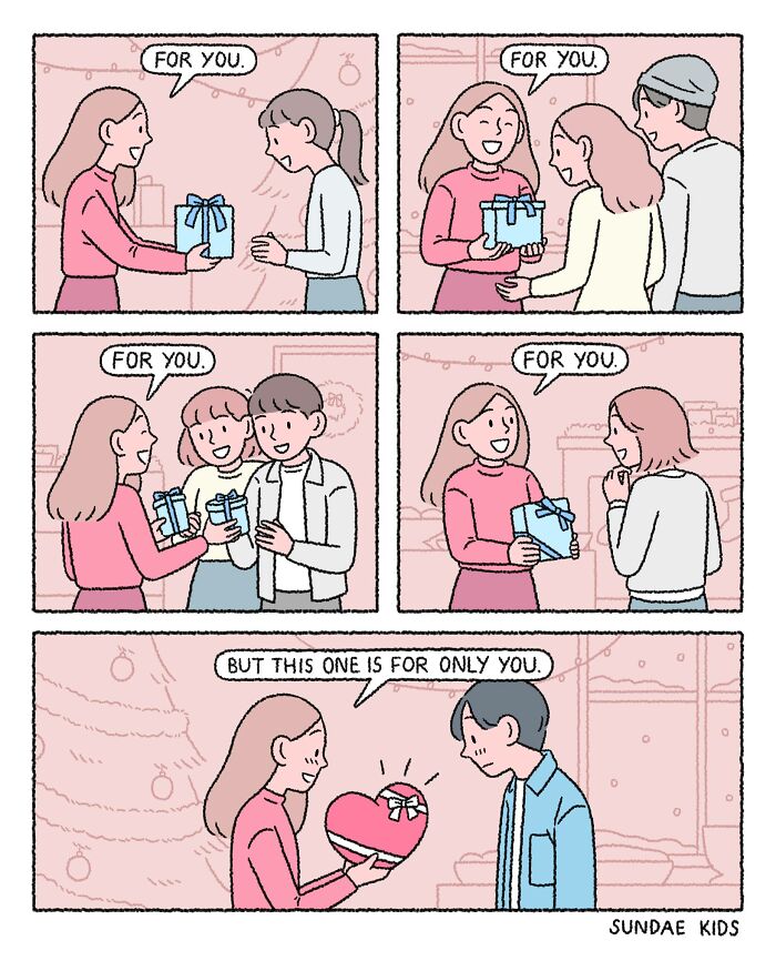 Sundae Kids comic panel showing a girl giving gifts to friends, ending with a heart-shaped gift for someone special.