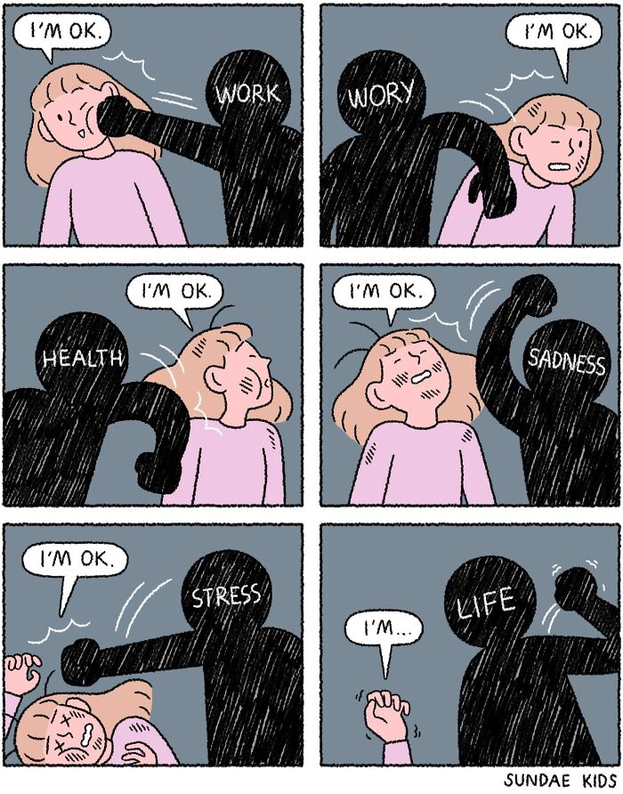 Comic panel illustrating modern anxiety with figures labeled work, worry, health, sadness, stress, life hitting a person.