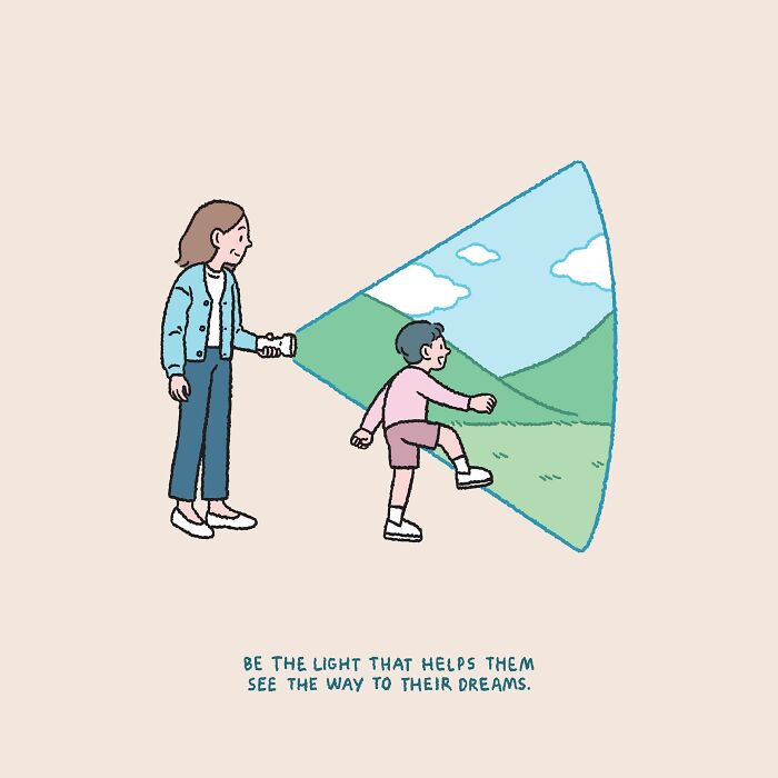 Illustration of a woman illuminating a path for a child with a flashlight, depicting love in Sundae Kids' cute comics.