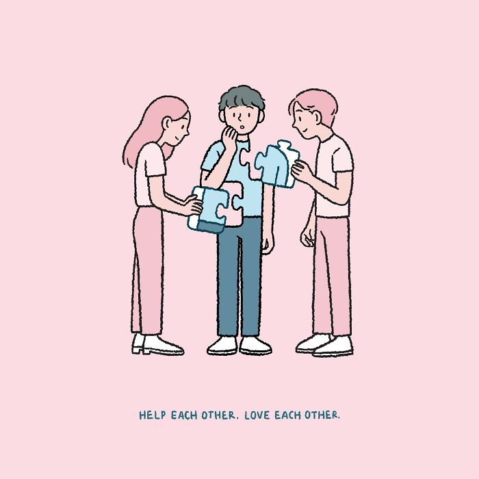 Cartoon characters assembling puzzle pieces, illustrating love and modern anxiety themes.