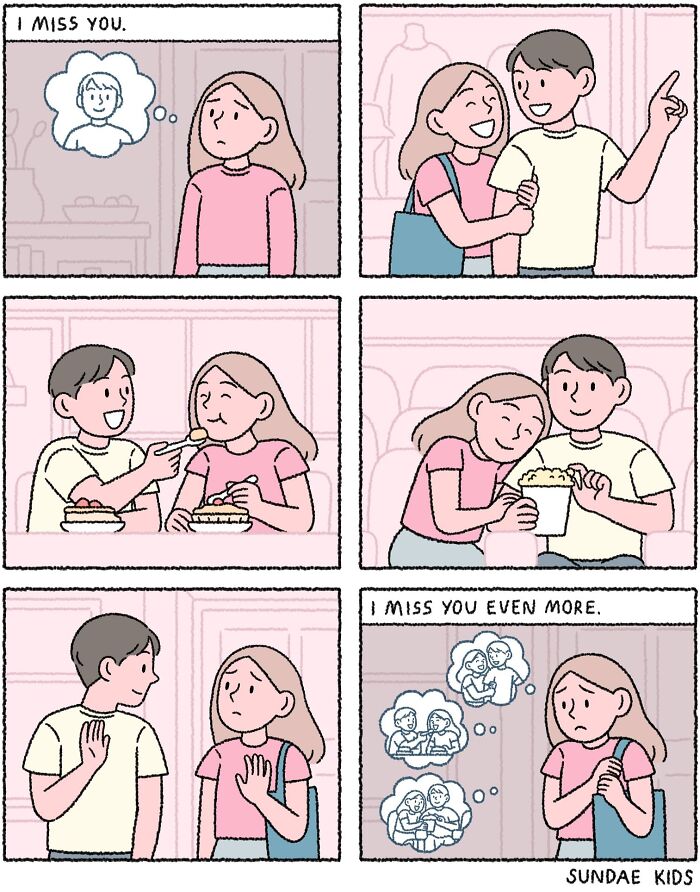 Couple experiences love and anxiety in Sundae Kids' cute comic, missing each other despite shared moments.
