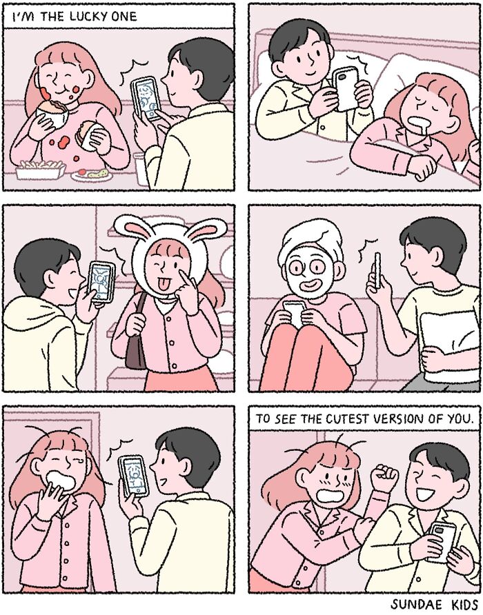 Couple sharing cute moments in Sundae Kids comic, phone pictures bring joy and connection.