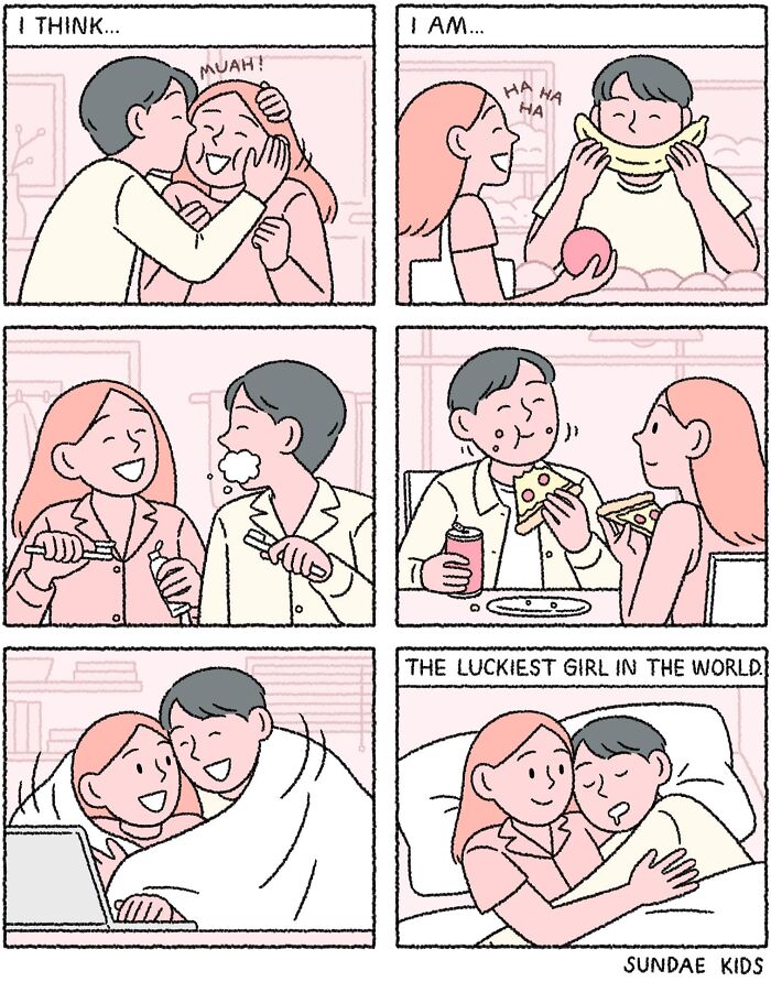 Cute comic by Sundae Kids depicting love and modern anxiety in daily relationship moments.