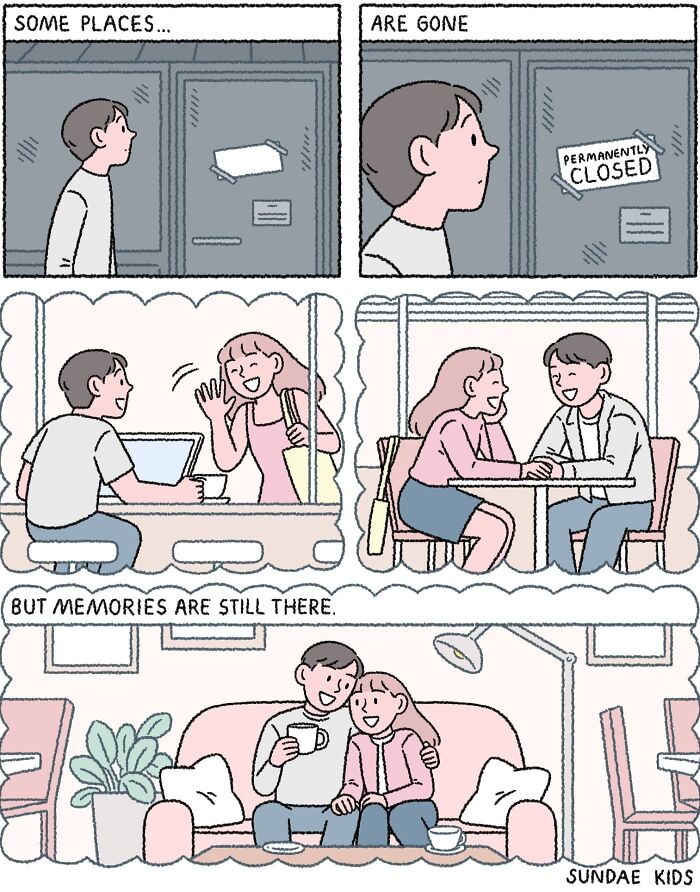 Comic by Sundae Kids showing love and memories persisting despite modern life's changes and anxiety.