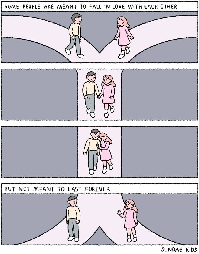 Comic by Sundae Kids depicting a couple falling in love but eventually parting ways, illustrating modern love and anxiety.