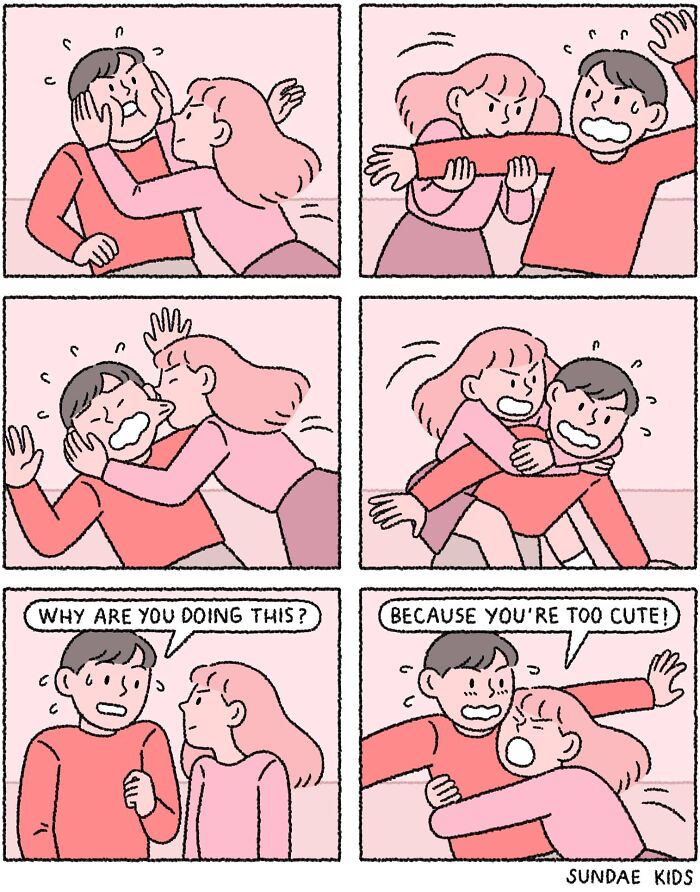 Cute comic by Sundae Kids depicting love and modern anxiety in a playful, humorous interaction between a couple.