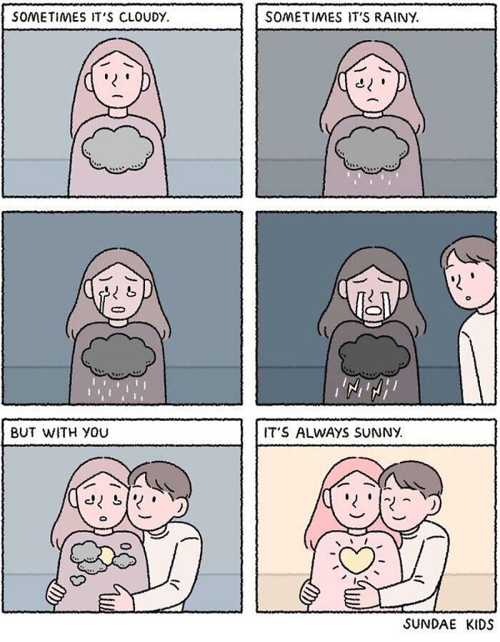 Cute comic by Sundae Kids shows love brightening stormy days with a heartwarming embrace.