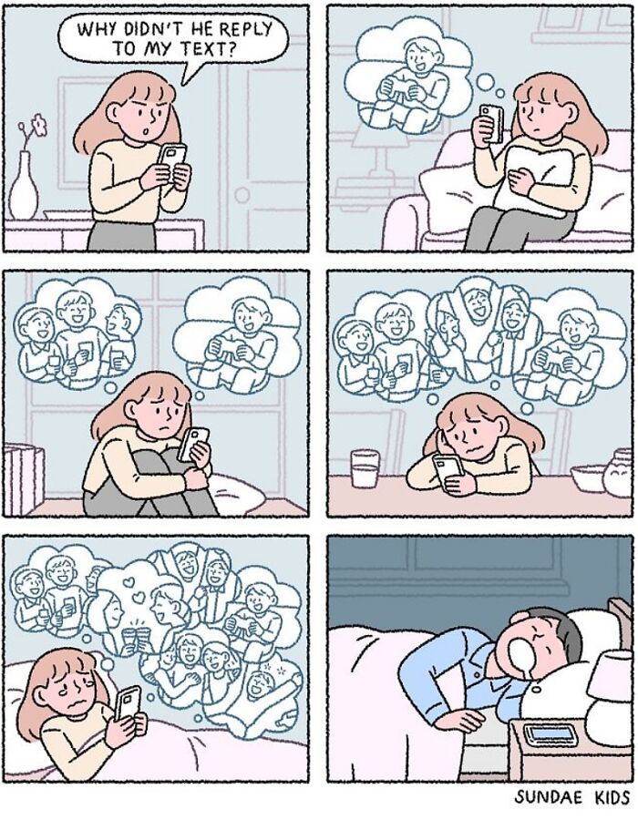 Comic strip by Sundae Kids depicting modern anxiety over unanswered texts with imagined scenarios.