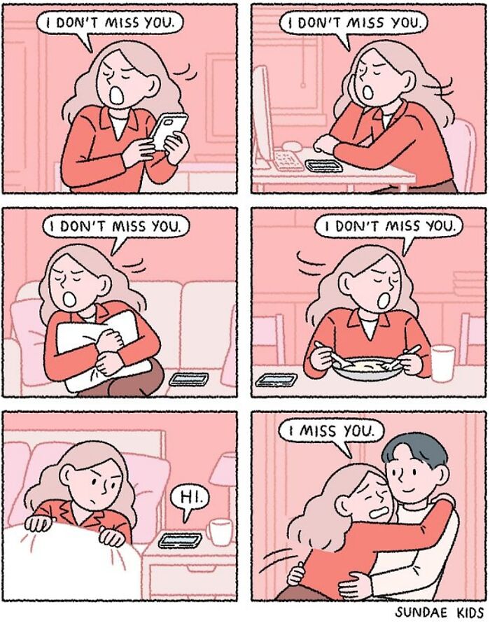 Cute comic by Sundae Kids showing love and modern anxiety as a woman eventually admits she misses someone.