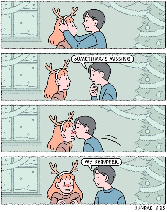 A cute comic by Sundae Kids showing a boy kissing a girl with reindeer antlers, creating a sweet holiday moment.