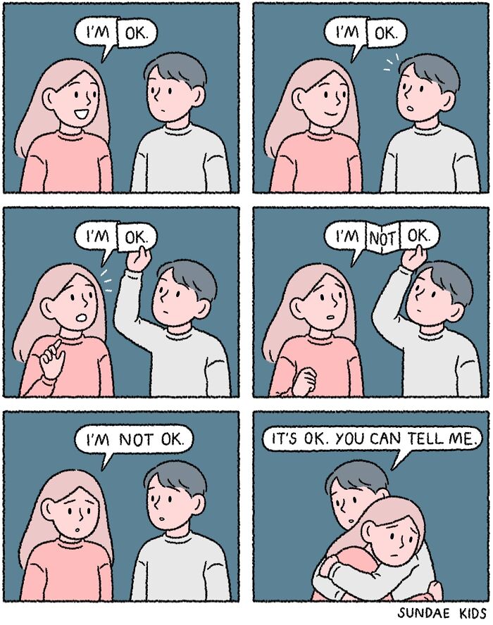 Two characters express concern and comfort in cute comic about love and modern anxiety by Sundae Kids.