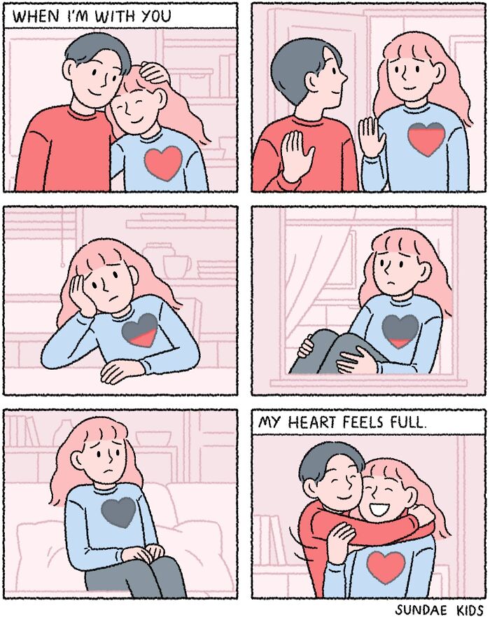 Cute comic by Sundae Kids showing love and modern anxiety, with a couple experiencing different emotions together.