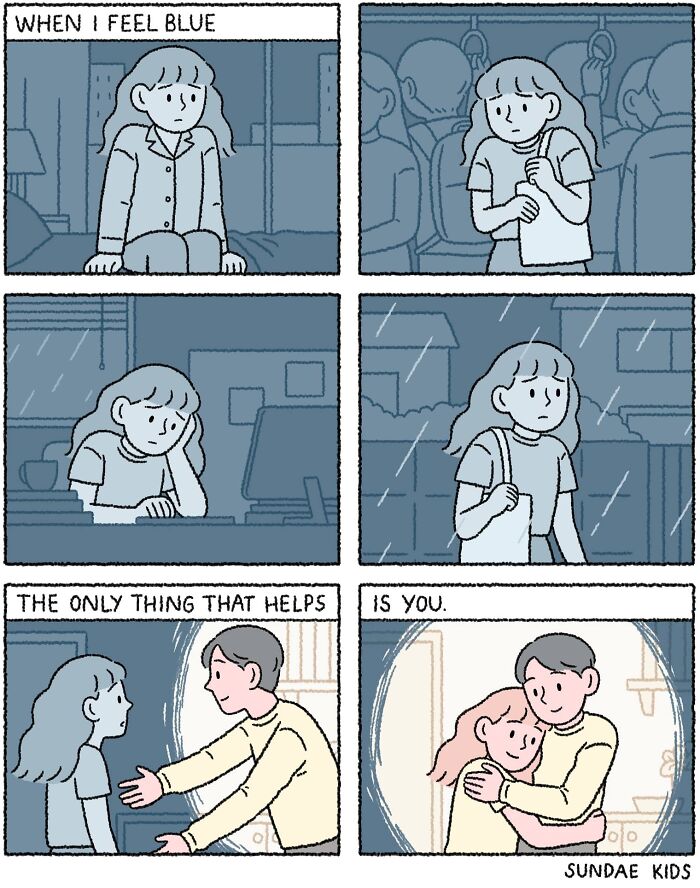 Comic depicting love and modern anxiety by Sundae Kids, showing a girl feeling blue and comforted by a hug.