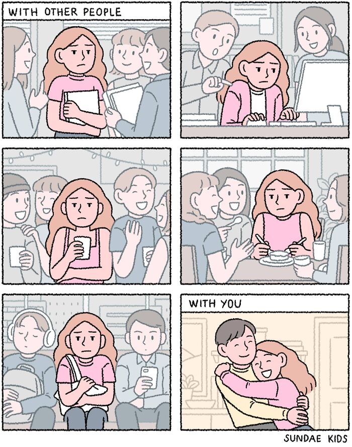 Sundae Kids comic showing love and modern anxiety; person uneasy with others, happy hugging partner.