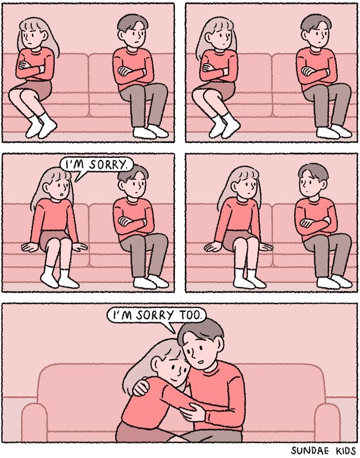 A couple expresses love and modern anxiety in a Sundae Kids comic, showing an apology and a hug on a couch.