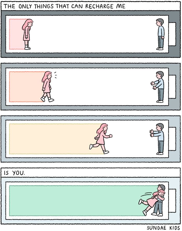 A cute comic by Sundae Kids showing two characters recharging each other with love and eliminating modern anxiety.