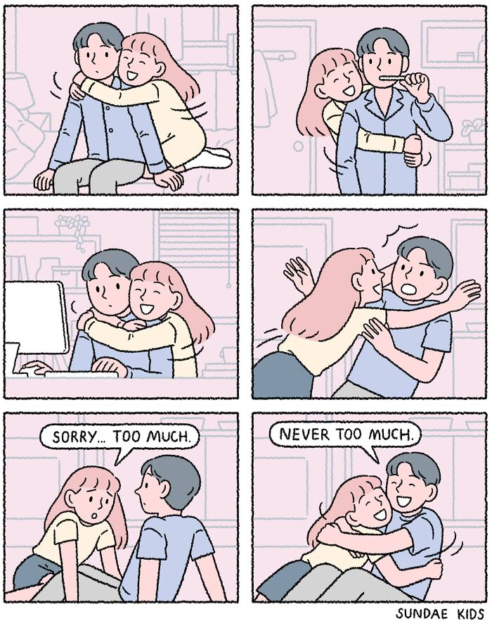Cute comic by Sundae Kids showing a couple navigating love and modern anxiety through heartfelt hugs.