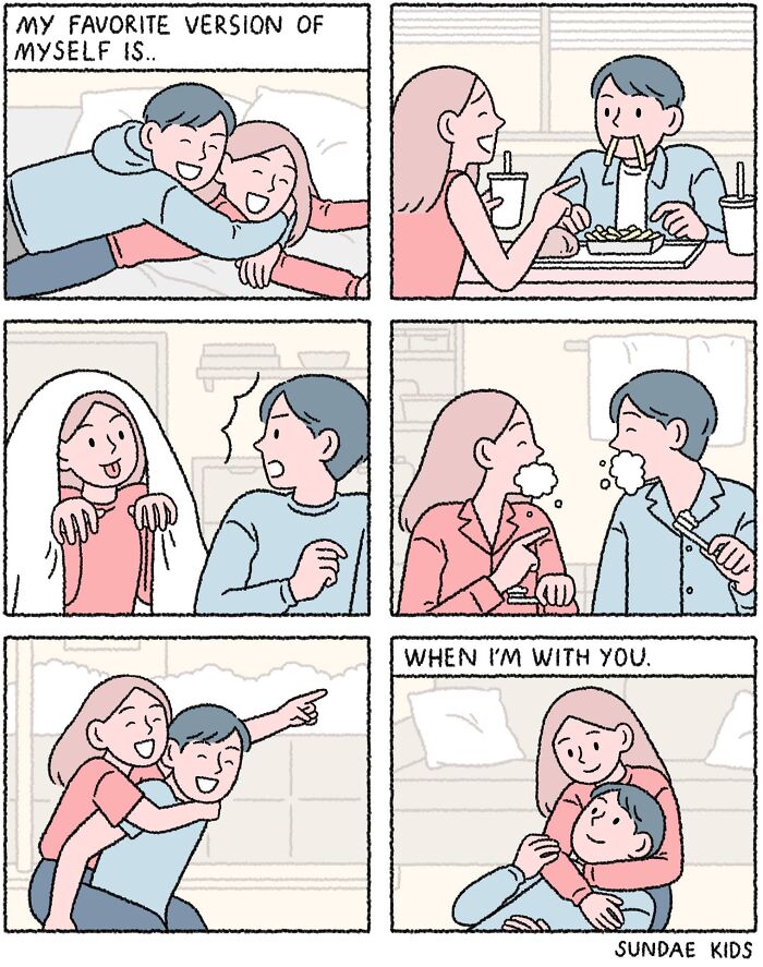 Couple enjoying everyday moments together, depicting love and modern anxiety in Sundae Kids' cute comics.