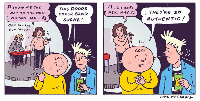 Witty comic by Luke McGarry humorously critiques a cover band with two characters talking in a bar setting.