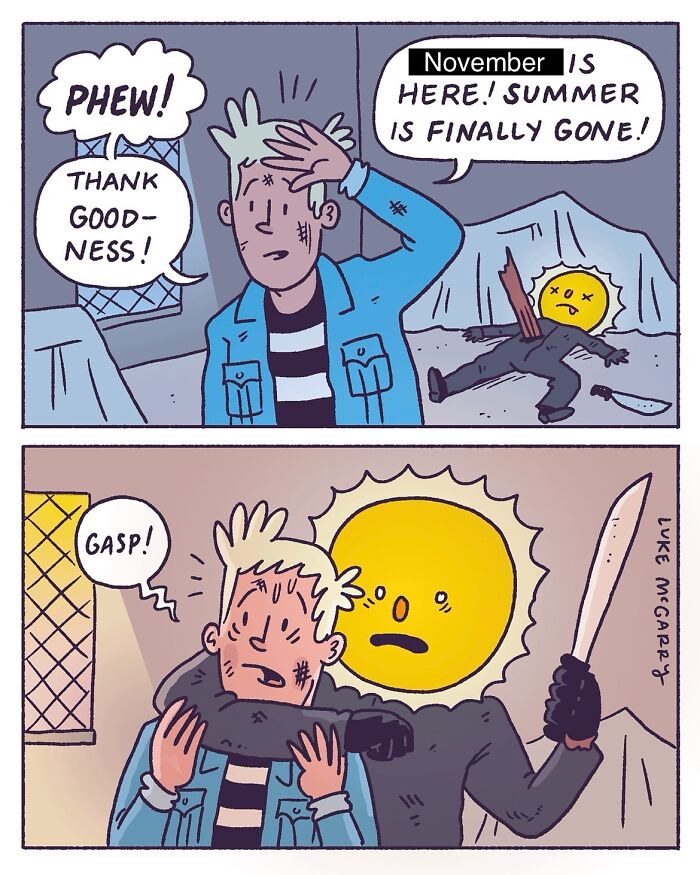 Cartoon by Luke McGarry humorously depicts a sun character surprising a relieved man in November.