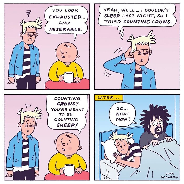 Witty comic by Luke McGarry showing a humorous take on counting crows instead of sheep to sleep.