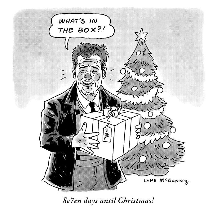 Man holding a Christmas gift, exclaiming “What’s in the box?!” in a witty comic by Luke McGarry, with a decorated tree nearby.