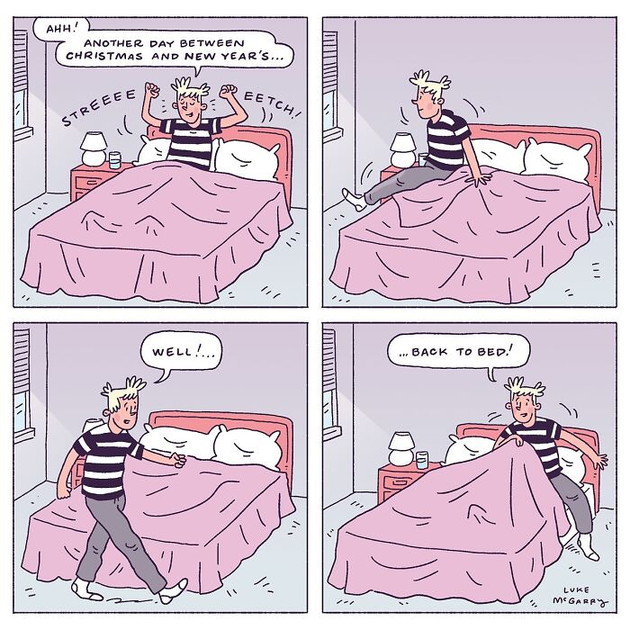 Man embracing post-holiday laziness by returning to bed in witty Luke McGarry comic.