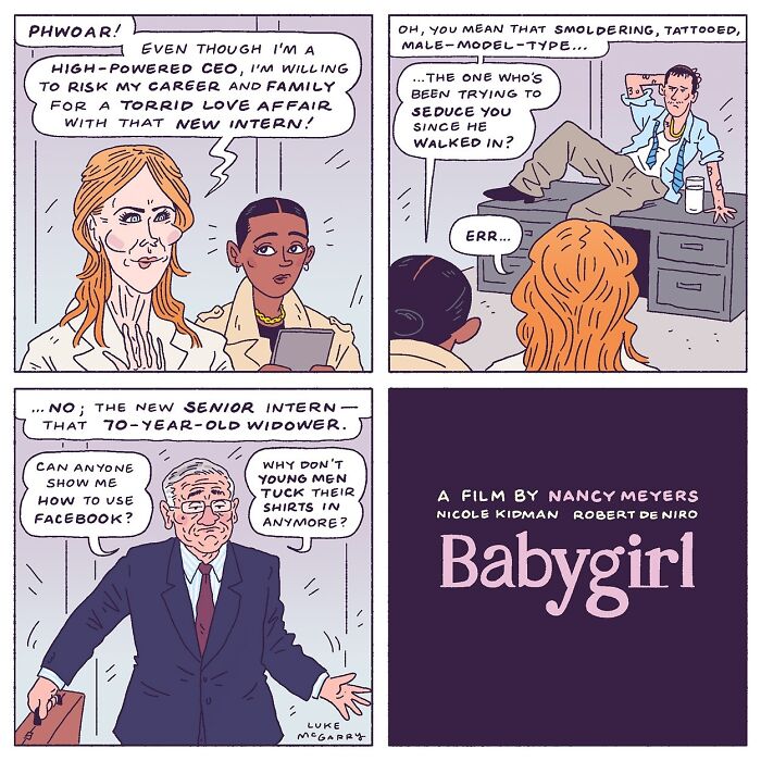 Witty comics by Luke McGarry humorously depict a CEO's dilemma over a new intern and a satirical movie poster.