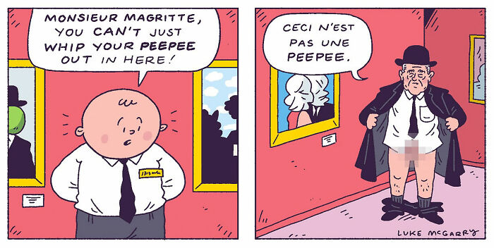 Witty comic by Luke McGarry featuring humorous critique of 21st-century society in an art gallery setting.