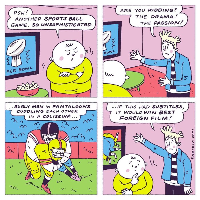 Comics by Luke McGarry humorously depict a witty take on society through a sports-themed debate.