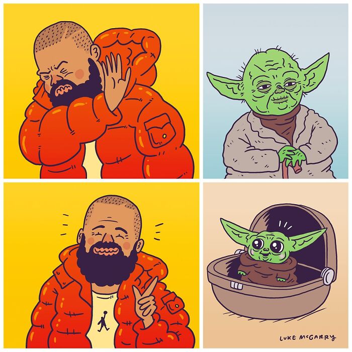 Witty comic illustration by Luke McGarry featuring a character in an orange jacket and pop culture references.