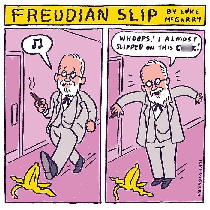 Witty comic by Luke McGarry showing Freud nearly slipping on a banana peel, humorously titled "Freudian Slip."