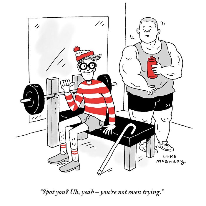 Cartoon by Luke McGarry of a man dressed like Waldo at a gym, humorously pretending to lift weights on a bench press.