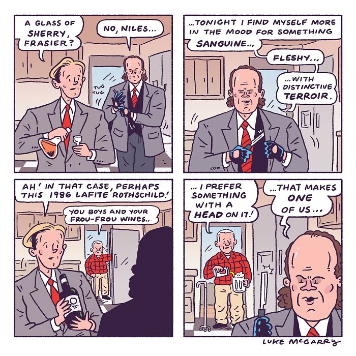 Witty comic by Luke McGarry humorously depicting a conversation about drinks between two characters in a kitchen.