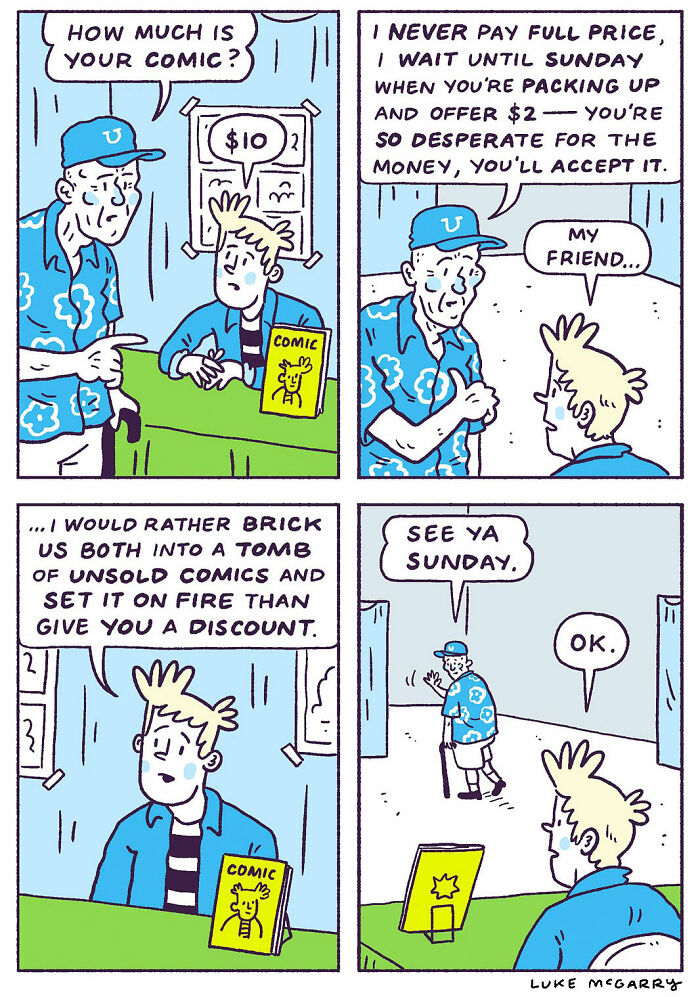 Witty comic by Luke McGarry showing a funny exchange between a comic seller and buyer about pricing strategy.