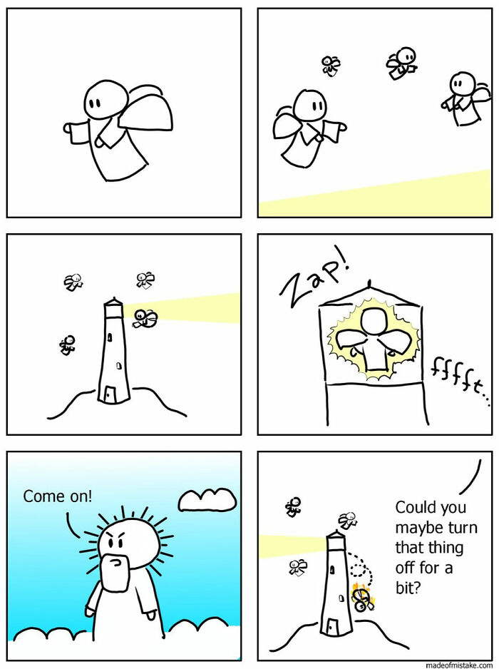 Minimalistic comic featuring a lighthouse and flying angel figures interacting humorously with the light beam.
