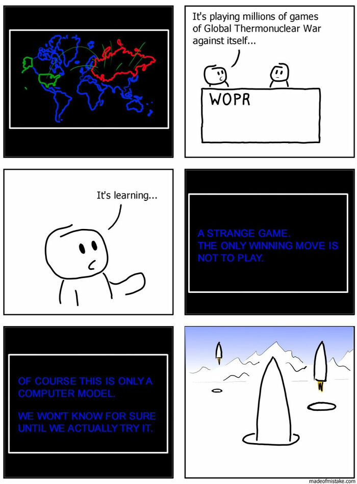Minimalistic comic about a computer simulating global thermonuclear war, with characters realizing the best move is not to play.
