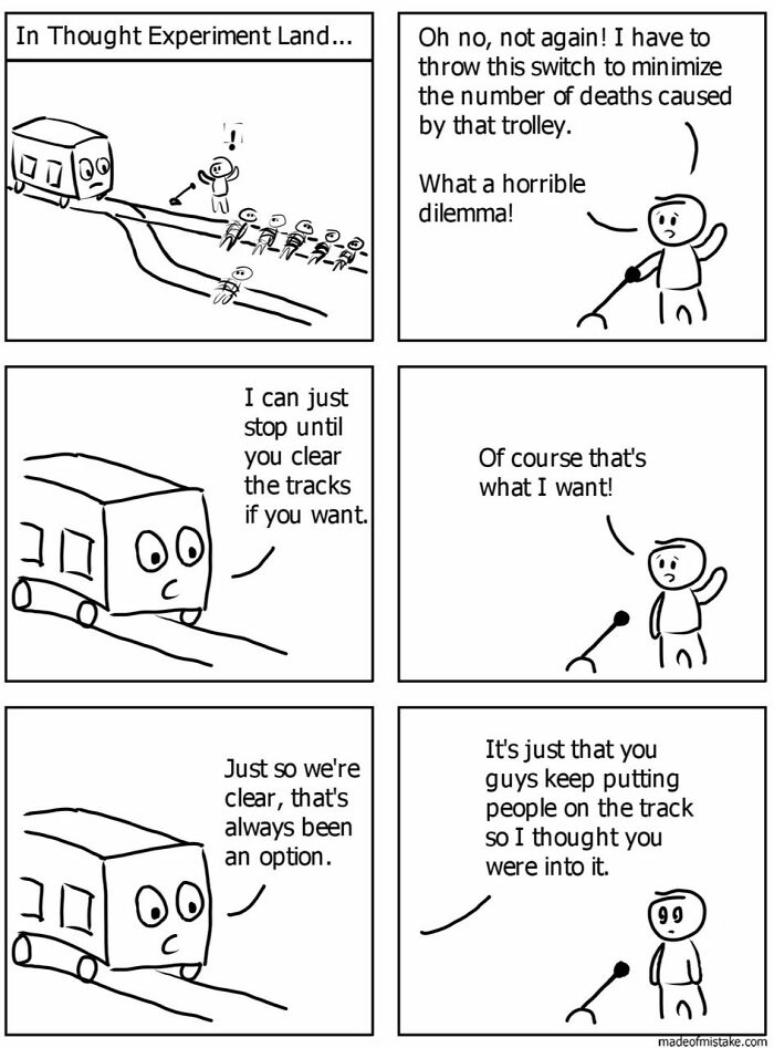 Minimalistic comic about a trolley dilemma, with a humorous twist on decision-making in everyday observations.