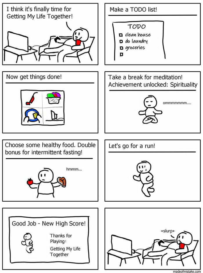 Minimalistic comic about everyday observations with a character organizing life, exercising, and eating healthy.