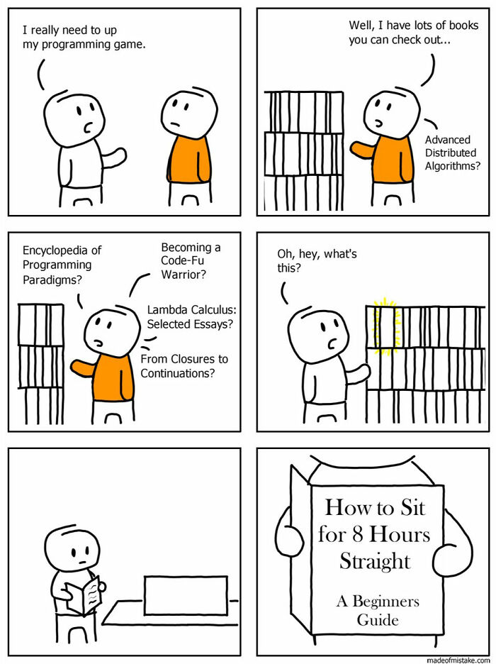 Minimalistic comic about everyday observations with a character choosing a humorous book from a shelf about sitting for 8 hours.