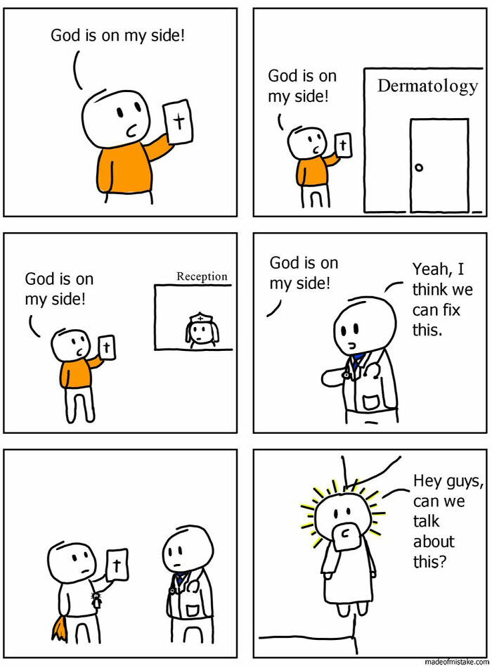 Minimalistic comic about a person visiting dermatology, humorously encountering a divine figure.